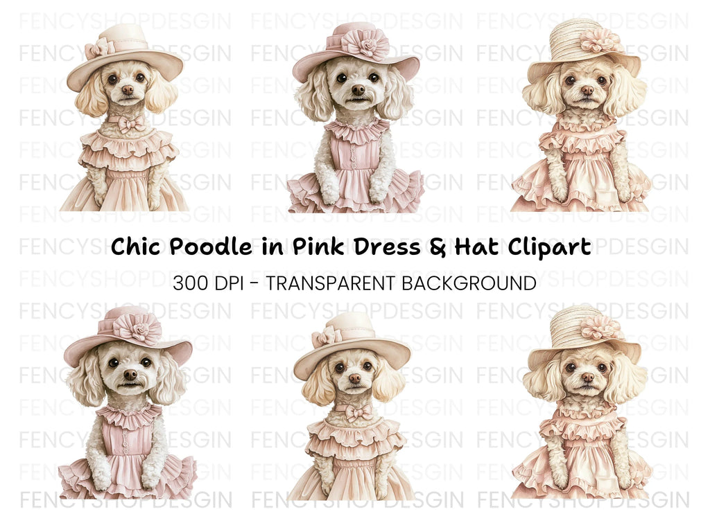 Elegant Poodle Dogs in Pink Dresses Clipart Bundle