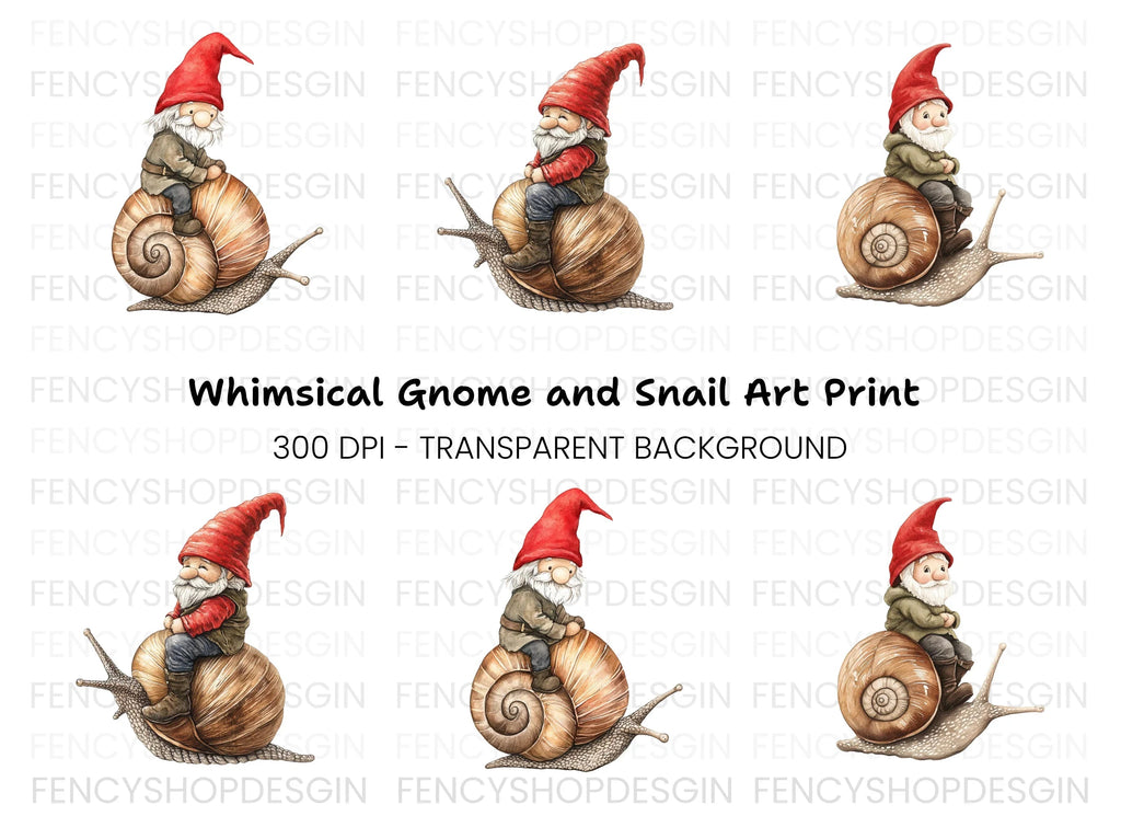 Red Hat Gnomes Riding Snails Clipart Bundle