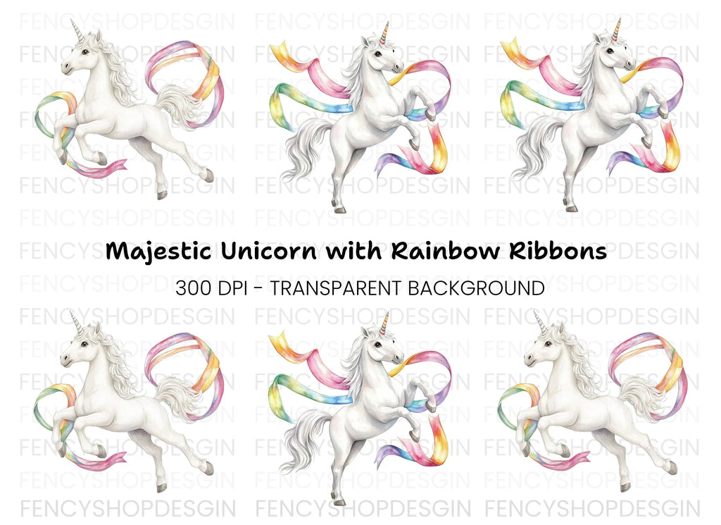 Majestic Unicorns with Rainbow Ribbons Clipart Bundle