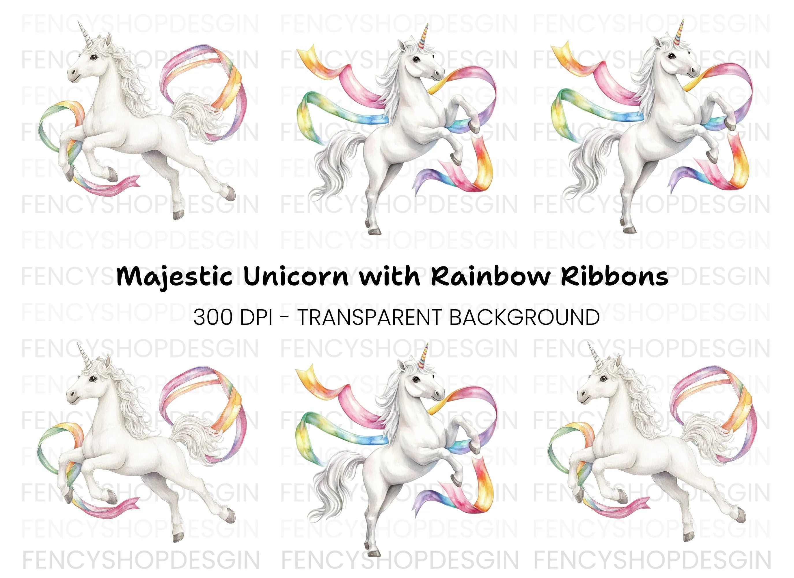 Majestic Unicorns with Rainbow Ribbons Clipart Bundle
