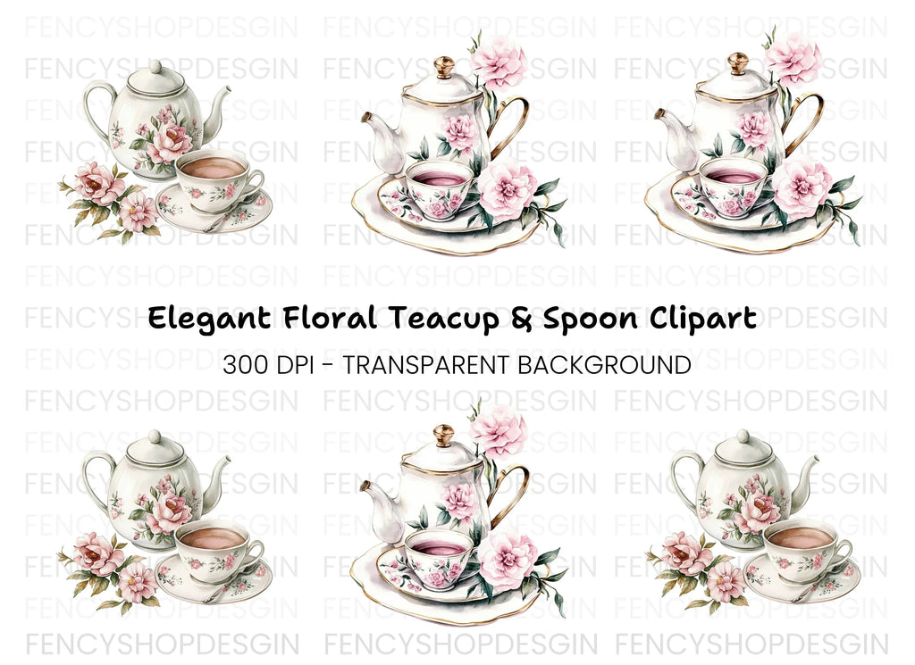 Elegant Floral Teapot and Teacup Clipart Bundle