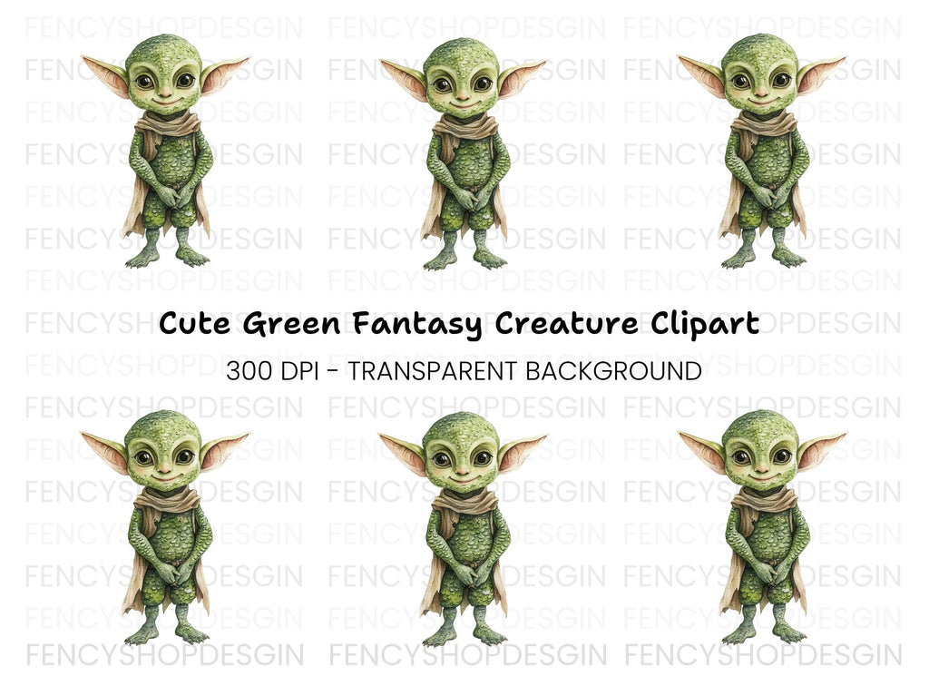 Cute Green Alien Creature Clipart Bundle
