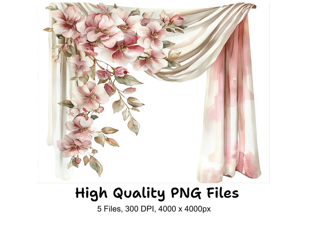 Pink Rose Magnolia Curtain Clipart Bundle