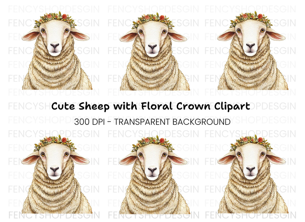 Cute Sheep with Flower Crown Clipart Bundle
