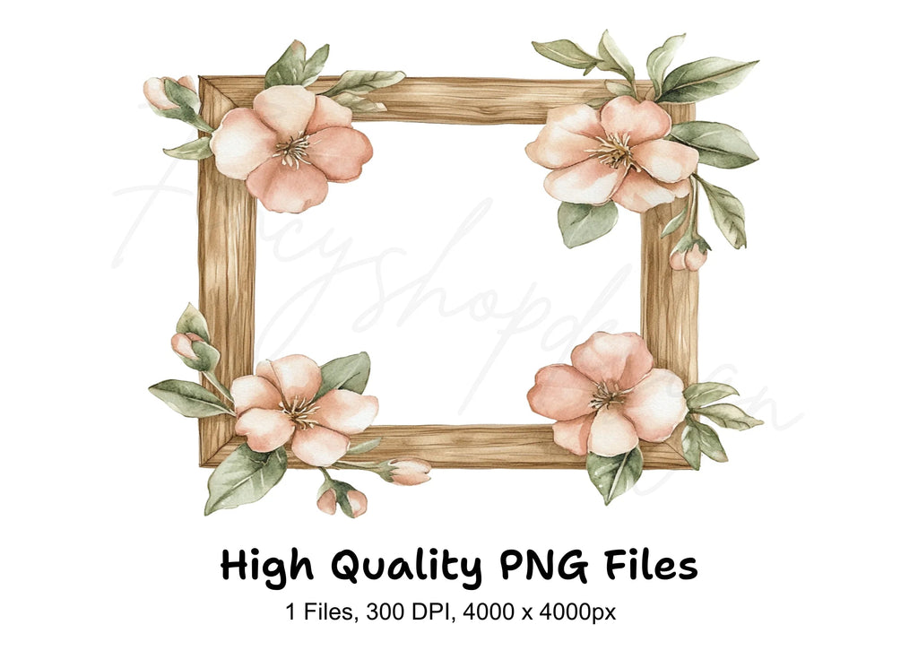 Rustic Wood Frame with Flowers Clipart Bundle