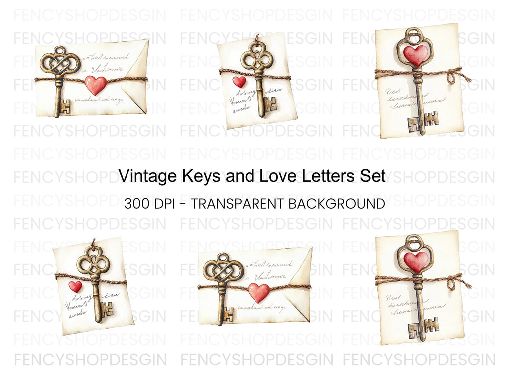 Vintage Keys and Love Letters Clipart Bundle