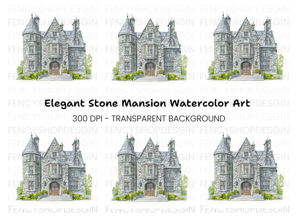 Elegant Stone Manor House Clipart Bundle