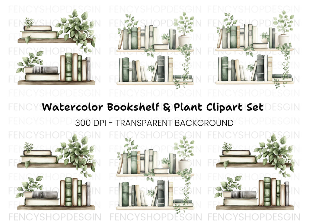 Aesthetic Bookshelf and Plant Clipart Bundle