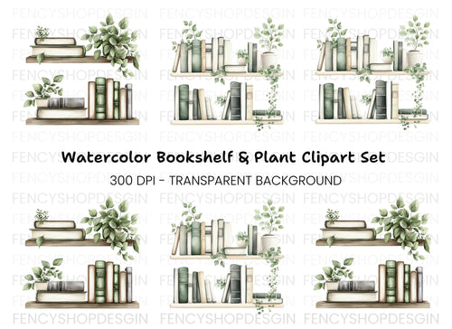 Aesthetic Bookshelf and Plant Clipart Bundle