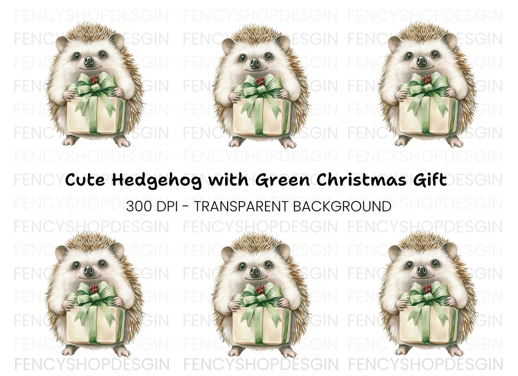Hedgehog with Green Gift Box Clipart Bundle