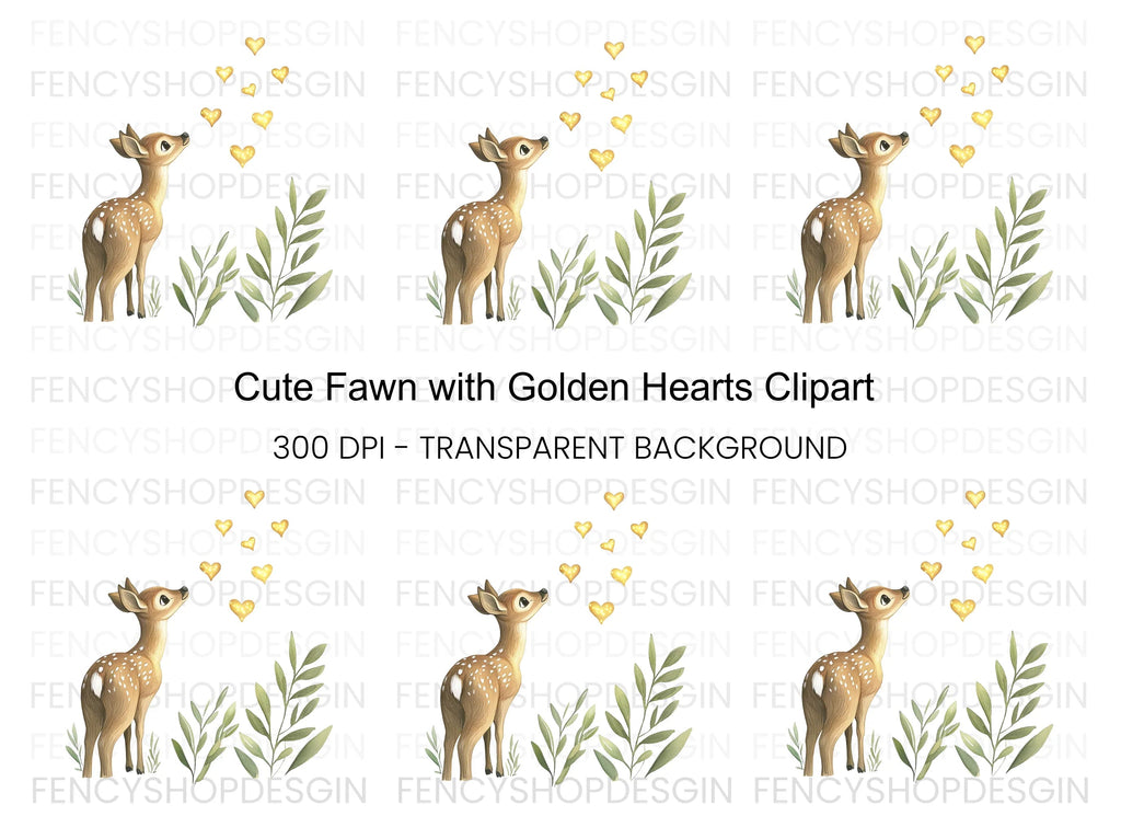 Cute Fawn with Golden Hearts Clipart Bundle