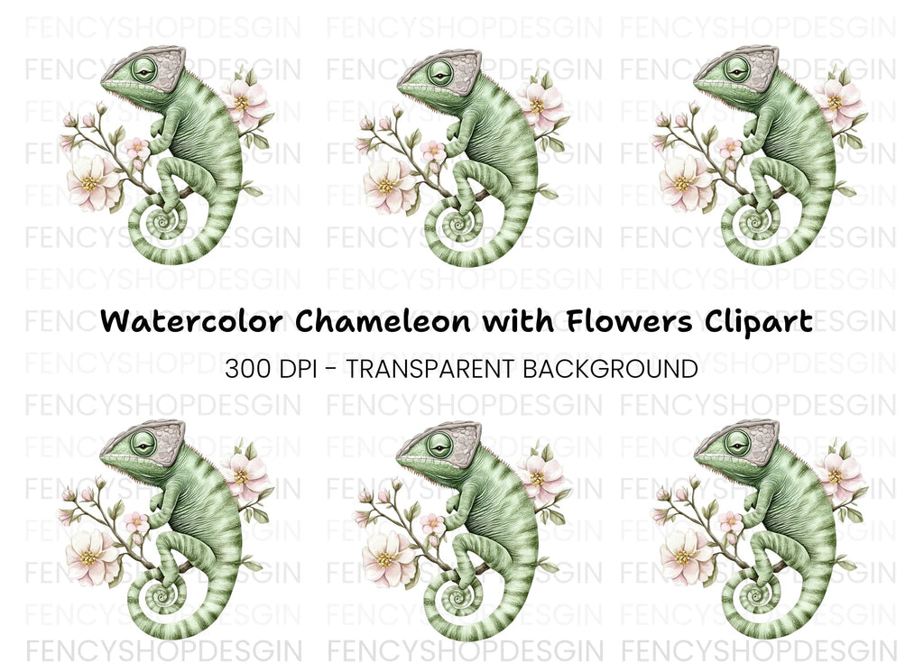 Chameleon on Branch with Pink Flowers Clipart Bundle