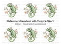 Chameleon on Branch with Pink Flowers Clipart Bundle
