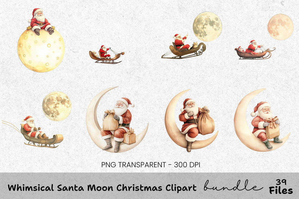 Sleeping Santa Moon Sleigh Clipart Bundle