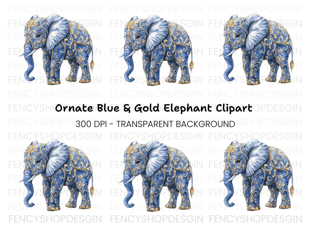 Elegant Blue Elephant with Gold Filigree Clipart Bundle