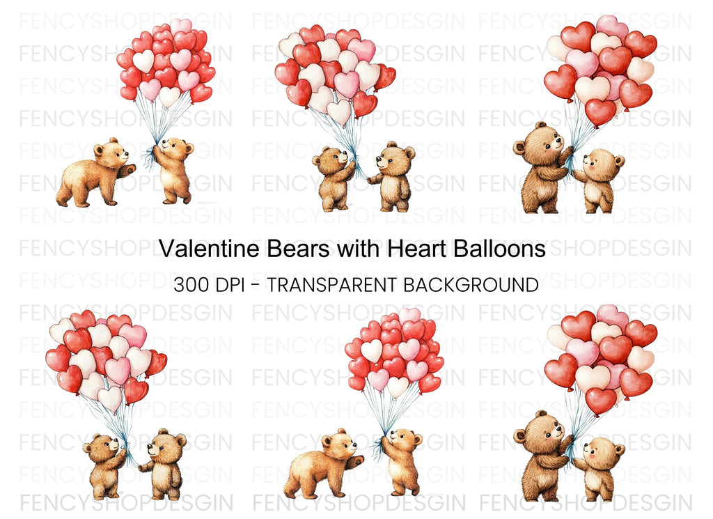 Cute Bears with Heart Balloons Clipart Bundle