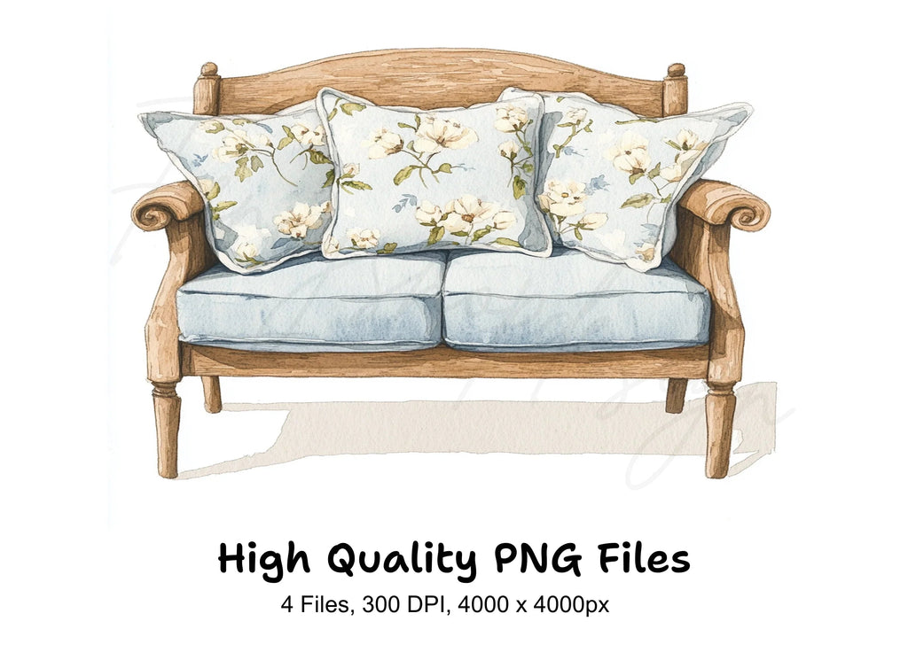 Elegant Blue Floral Sofa Clipart Bundle