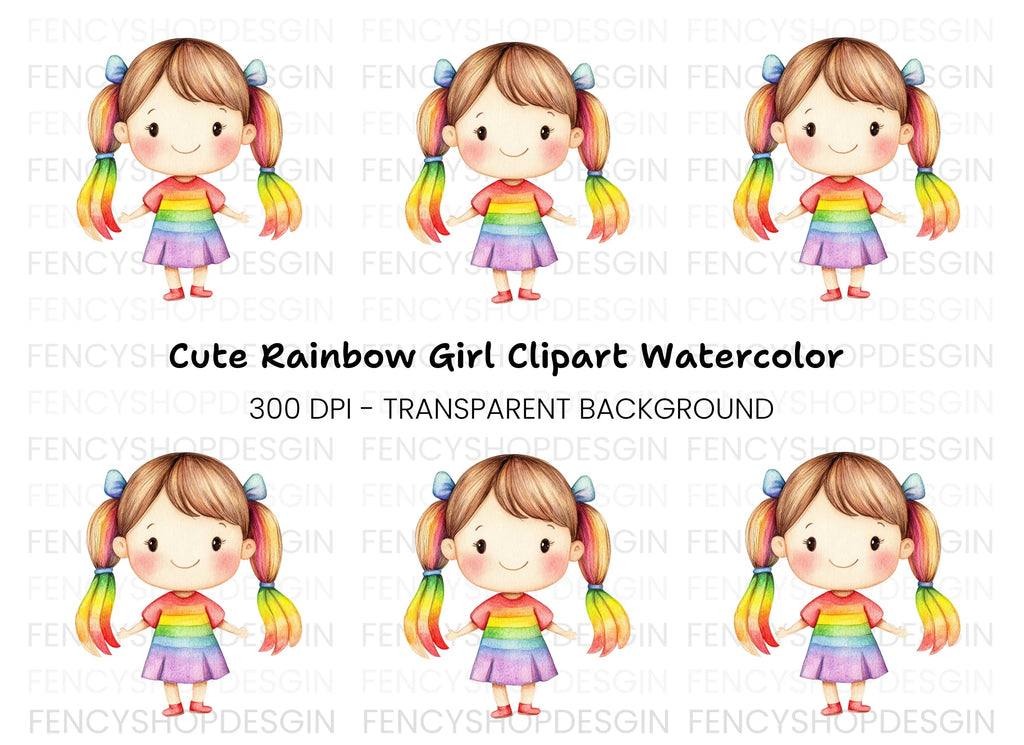 Cute Rainbow Hair Girl Clipart Bundle