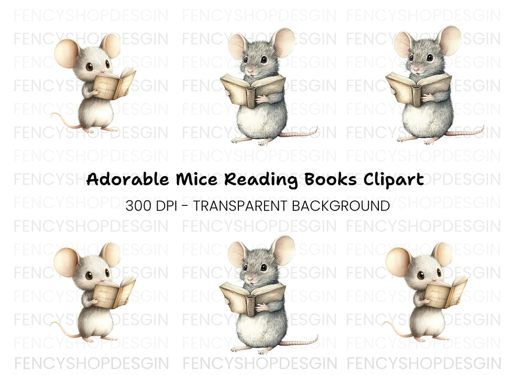 Cute Mice Reading Books Clipart Bundle