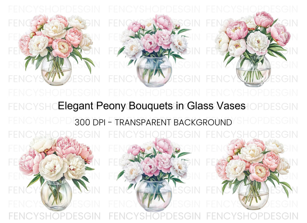 Pink and White Peonies in Glass Vases Clipart Bundle