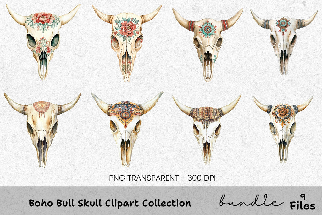 Boho Bull Skull Clipart Bundle