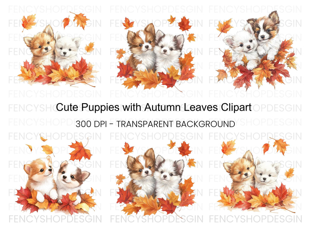 Autumn Puppies with Fall Leaves Clipart Bundle