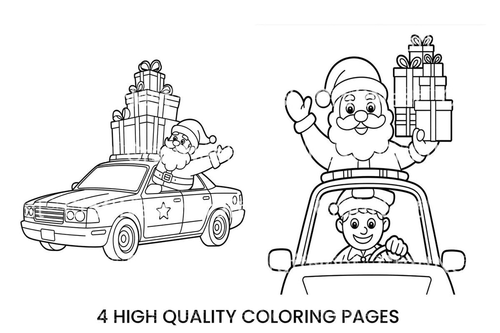 Santa and Elf Delivering Gifts by Car Coloring Books