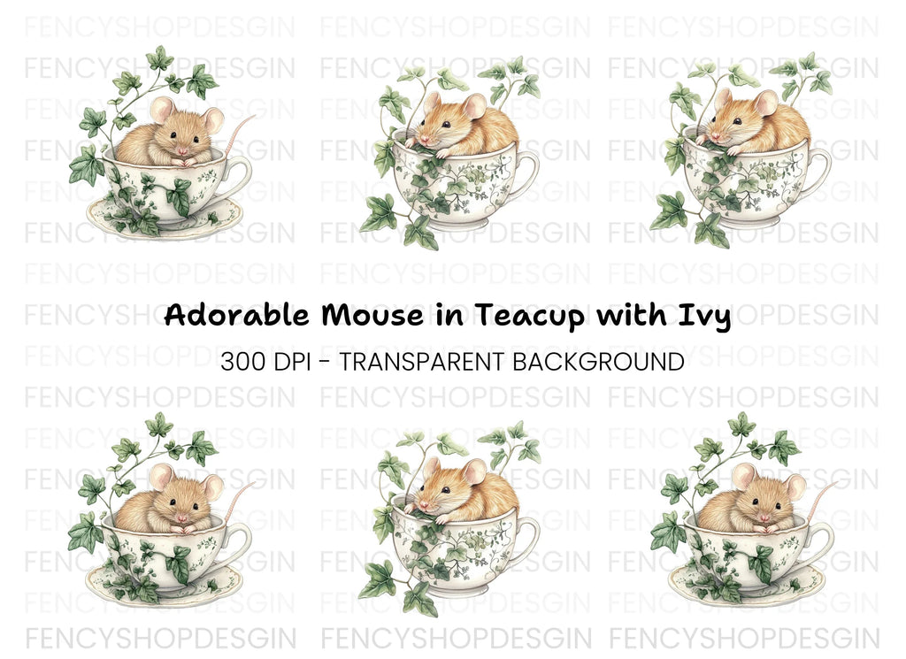 Brown Mice in Teacups Clipart Bundle