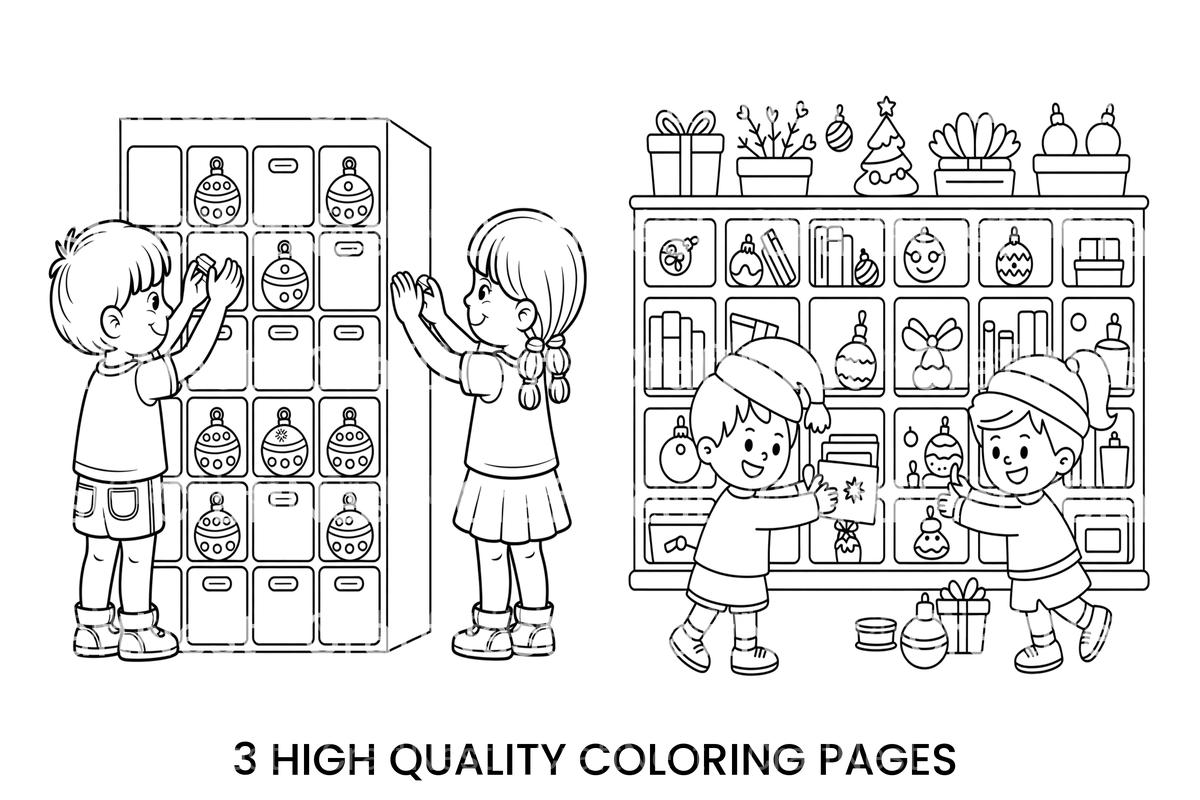 Children Organizing Christmas Decorations Coloring Books