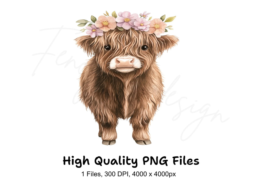 Cute Baby Highland Cow with Flower Crown Clipart Bundle