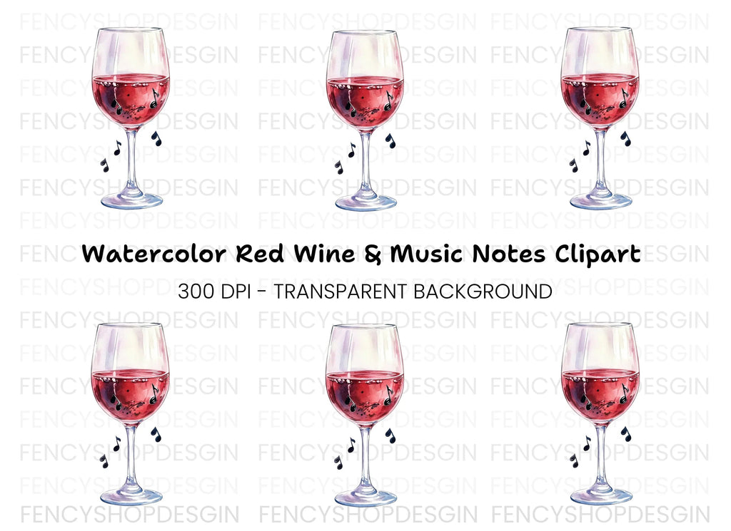Red Wine Glass with Music Notes Clipart Bundle