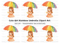 Cute Girl with Rainbow Umbrella Clipart Bundle
