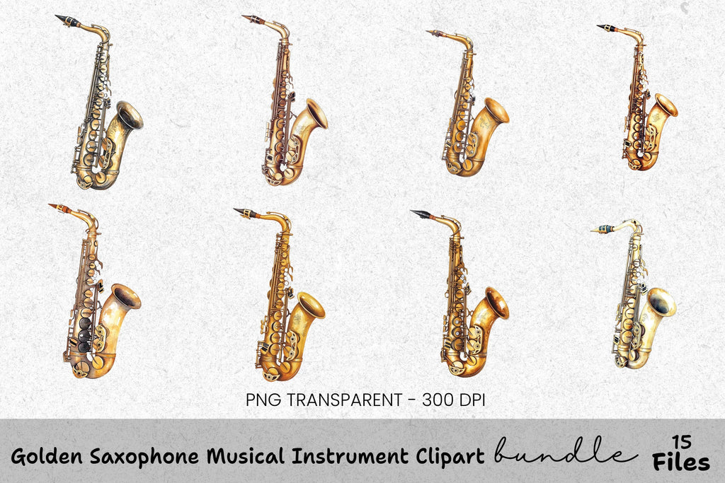 Golden Saxophone Musical Instrument Clipart Bundle