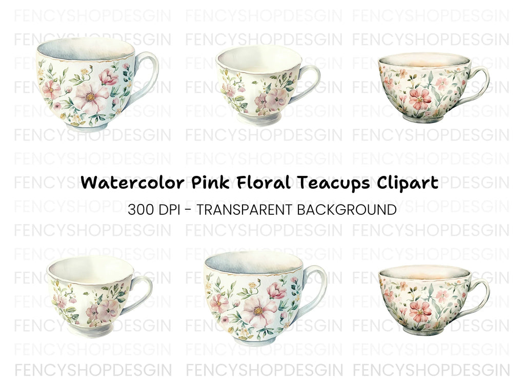 Empty Floral Teacups Clipart Bundle