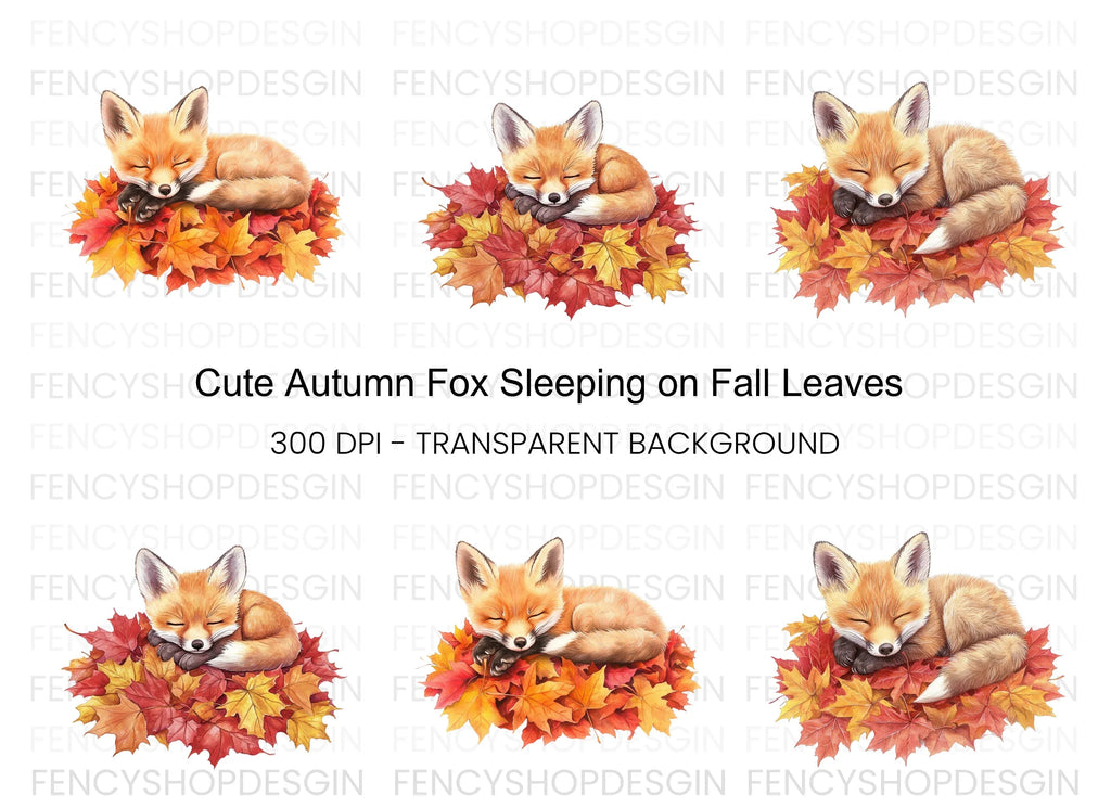 Cute Sleeping Fox on Autumn Leaves Clipart Bundle