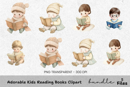 Adorable Kids Reading Books Clipart Bundle