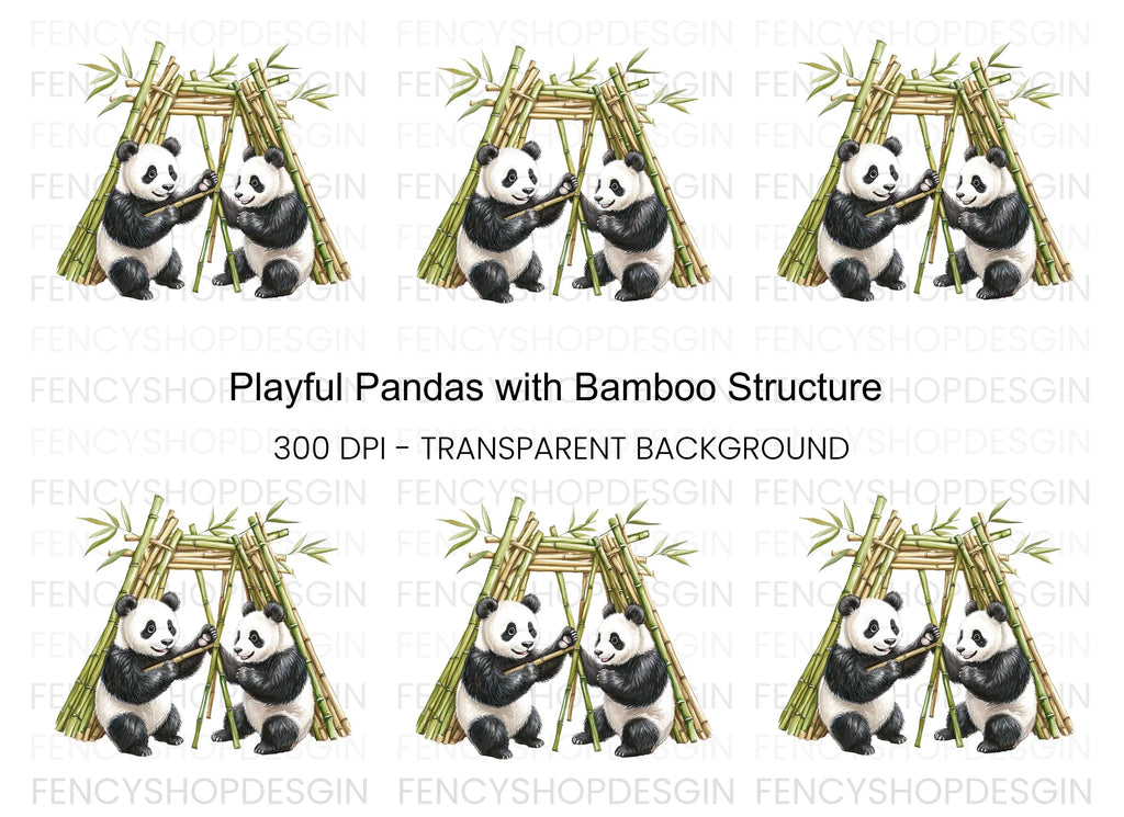 Playful Pandas with Bamboo Hut Clipart Bundle
