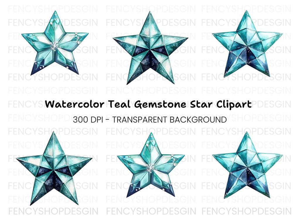 Geometric Blue Crystal Stars Clipart Bundle