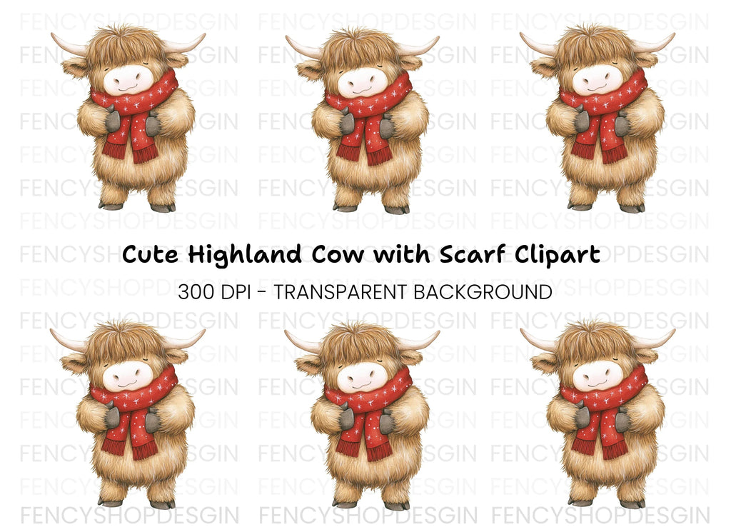 Cute Highland Cow with Scarf Clipart Bundle