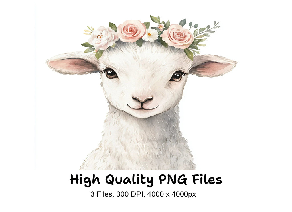 Baby Lambs with Flower Crowns Clipart Bundle