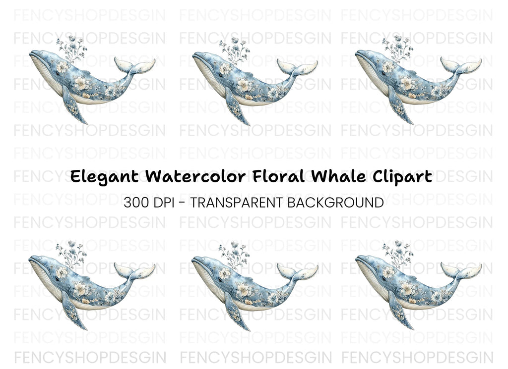 Elegant Blue Floral Whale Clipart Bundle