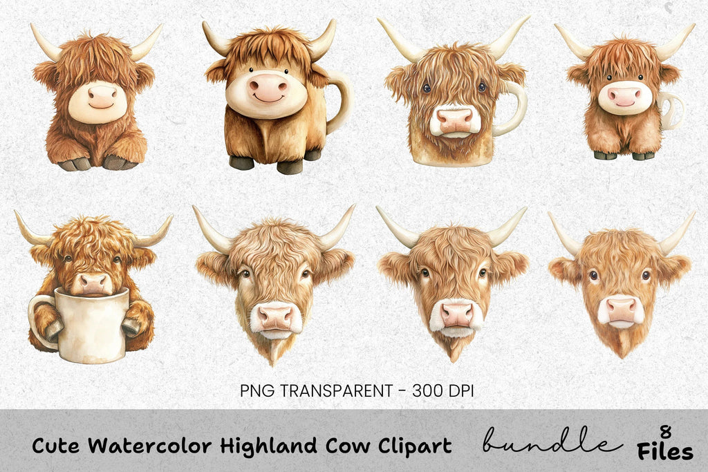 Cute Highland Cow Clipart Bundle