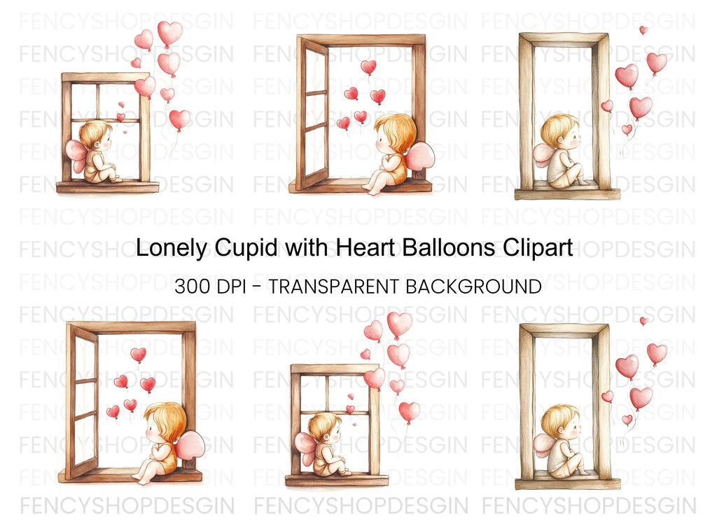 Sad Cupid with Heart Balloons Clipart Bundle