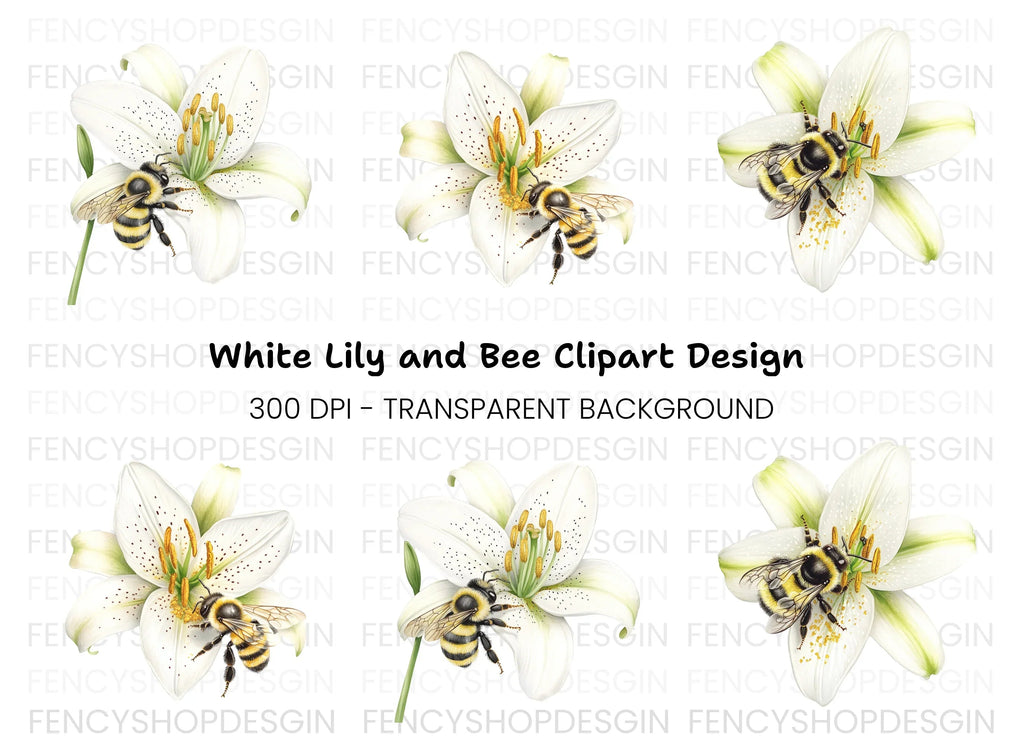 Bumblebees on White Lilies Clipart Bundle