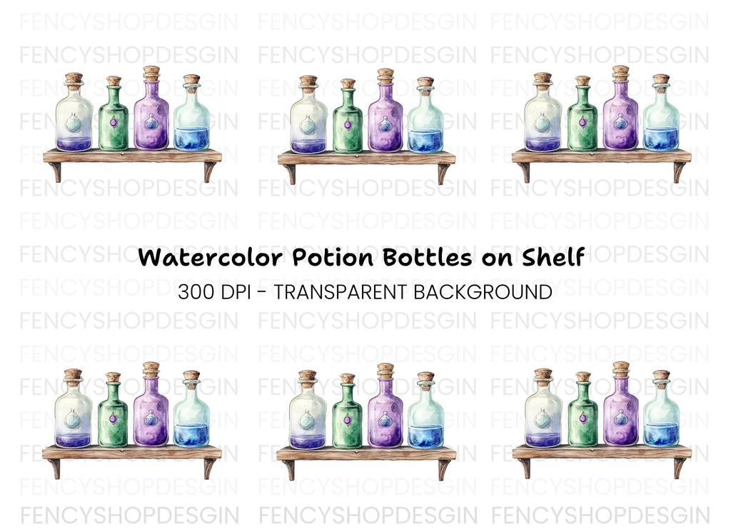 Potion Bottles on Wooden Shelf Clipart Bundle