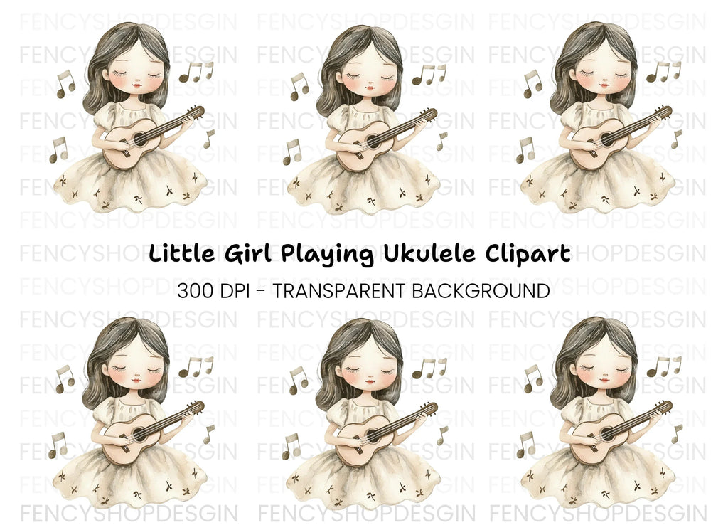 Girl Playing Ukulele with Music Notes Clipart Bundle