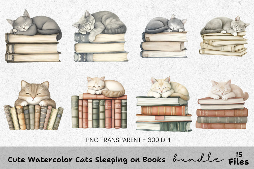 Cute Cats Sleeping on Books Clipart Bundle