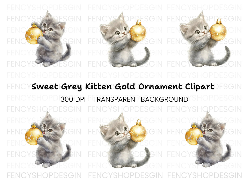 Gray Kittens Playing With Gold Ornaments Clipart Bundle