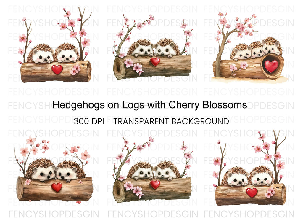 Hedgehogs in Log with Cherry Blossoms Clipart Bundle
