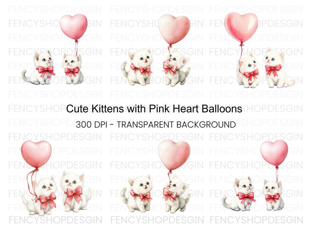 Cute Kittens with Pink Heart Balloons Clipart Bundle